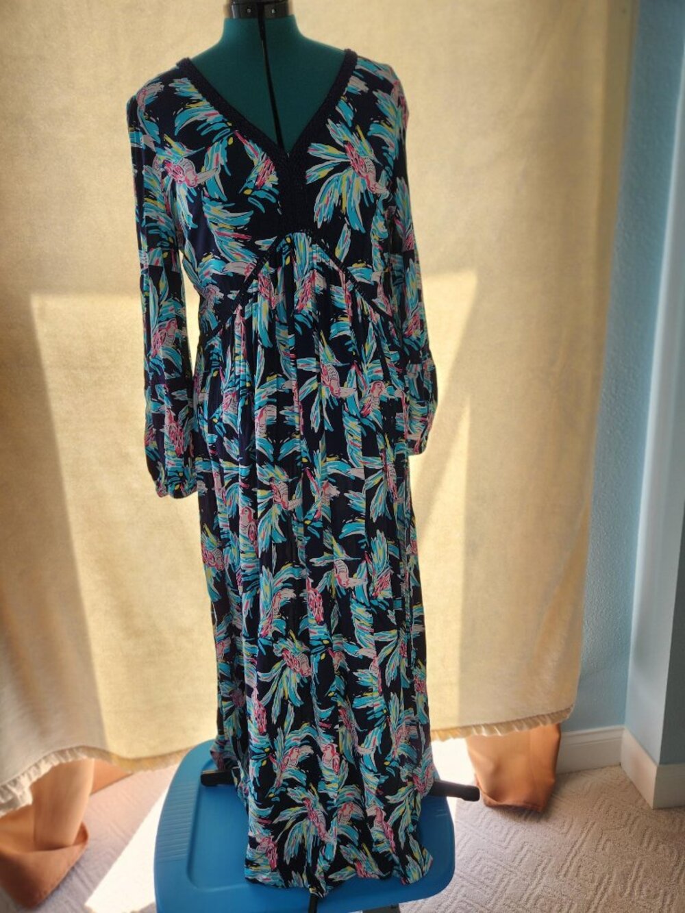 56 inches long. New Crown & Ivy Tie Dye V Neck Long Sleeve Maxi Dress